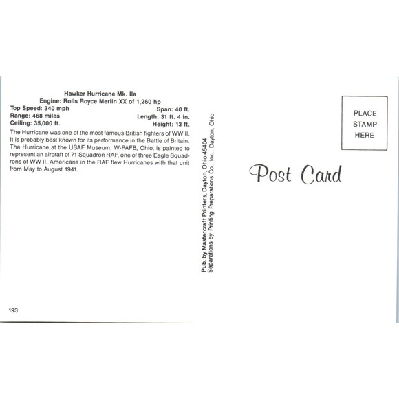 Hawker Hurricane Mk. IIa Vintage Postcard PC19 - Picture 2 of 2